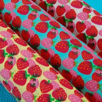 STRAWBERRY PRINTS ON A COTTON MIX. 3 COLOUR WAYS TO CHOOSE FROM.