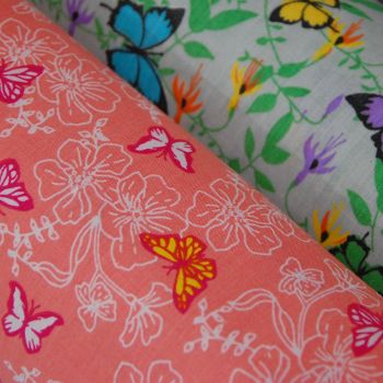 COTTON MIX, BUTTERFLY PRINTS IN A CHOICE OF COLOURS.