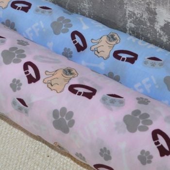 POLY COTTON MIX, WOOF DOG PRINT IN PALE PINK OR BLUE