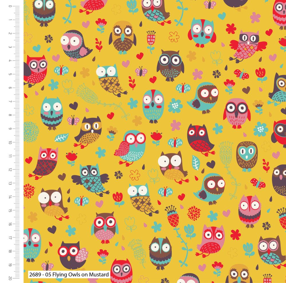 FLYING OWLS ON MUSTARD FROM THE CRAFT COTTON COMPANY, 100% COTTON.
