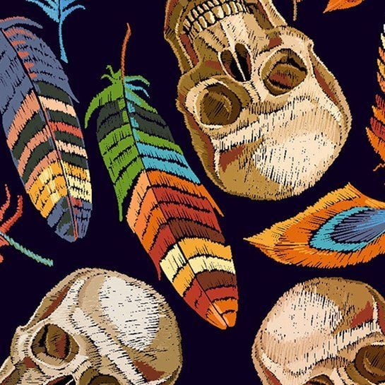 LITTLE JOHNNY SKULLS AND FEATHERS, DIGITALLY PRINTED 100% COTTON.