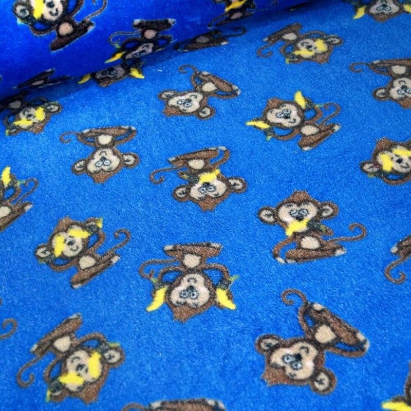 CHEEKY MONKEYS ON ROYAL BLUE BACK SUPER SOFT CUDDLE FLEECE, 58 INCH WIDE.