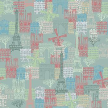 FROM THE SKETCHES OF PARIS COLLECTION. PARIS SCENE TEAL, 100% COTTON.