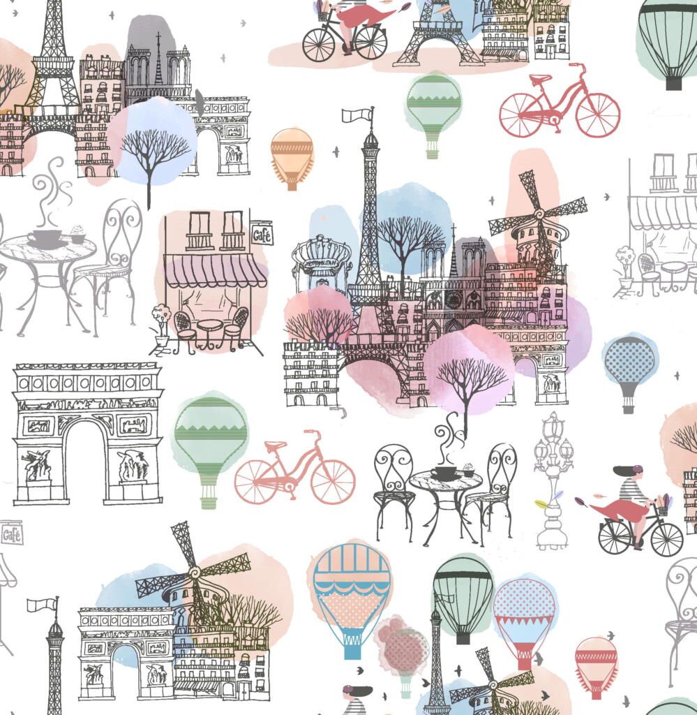 FROM THE SKETCHES OF PARIS COLLECTION. PARIS SCENE WHITE, 100% COTTON.