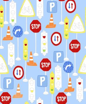 MOVE N ALONG BY FABRIC EDITIONS, TRAFFIC SIGNS, 100% COTTON.
