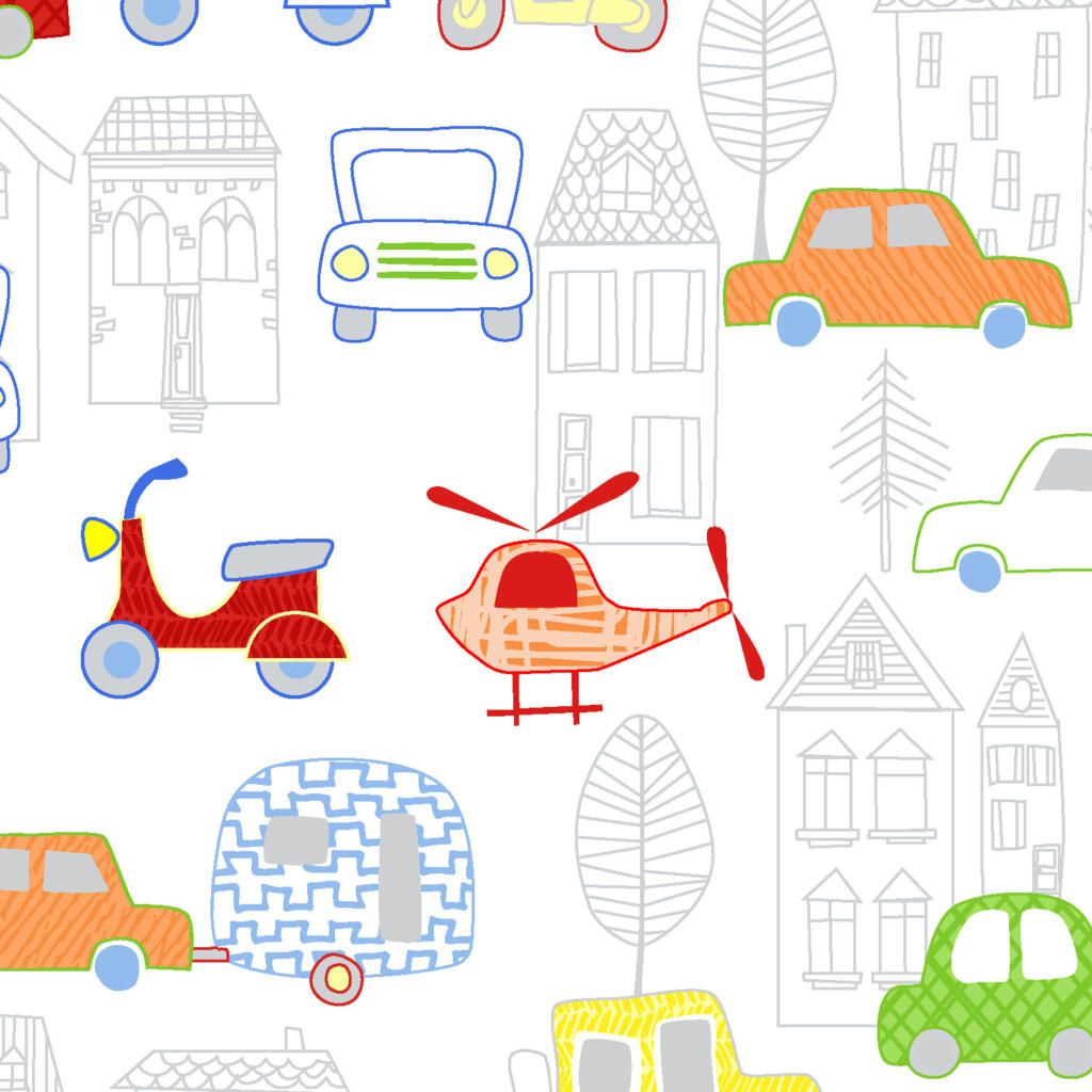 MONE N ALONG BY FABRIC EDITIONS, AUTOMOBILES AND TOWN OUTLINE, 100% COTTON.