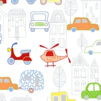 MOVE N ALONG BY FABRIC EDITIONS, AUTOMOBILES AND TOWN OUTLINE, 100% COTTON.