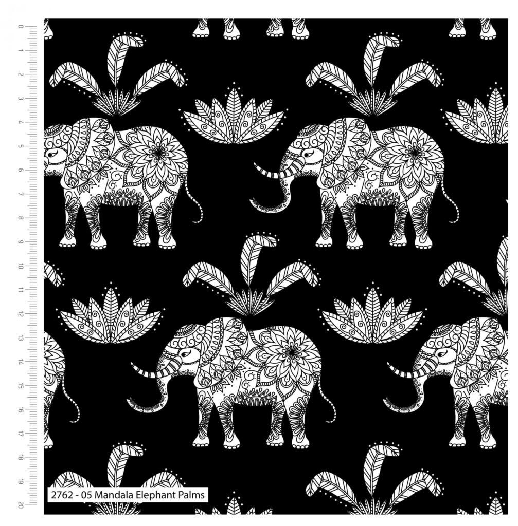 MANDALA ELEPHANT PALMS ON BLACK FROM THE CRAFT COTTON COMPANY, 100% COTTON.