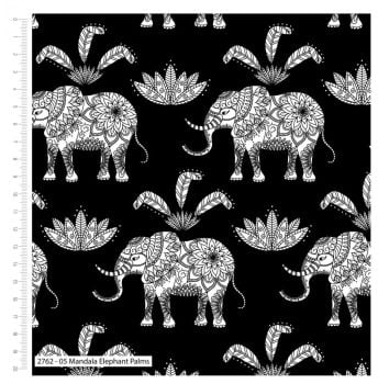 MANDALA ELEPHANTS AND PALMS ON BLACK FROM THE CRAFT COTTON COMPANY, 100% COTTON.