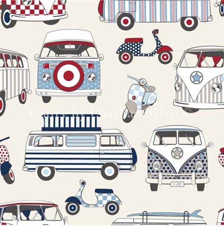 CHATHAM GLYN HAPPY CAMPERS NAUTICAL CAMPER VANS MOPEDS 100% COTTON.