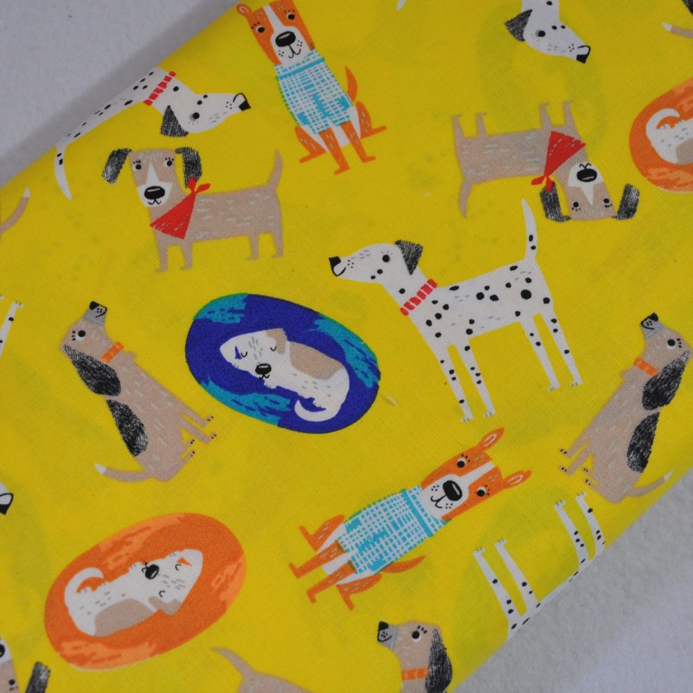 DOGS ON YELLOW, DOG PRINT COLLECTION BY FABRIC EDITIONS, 100% COTTON. 