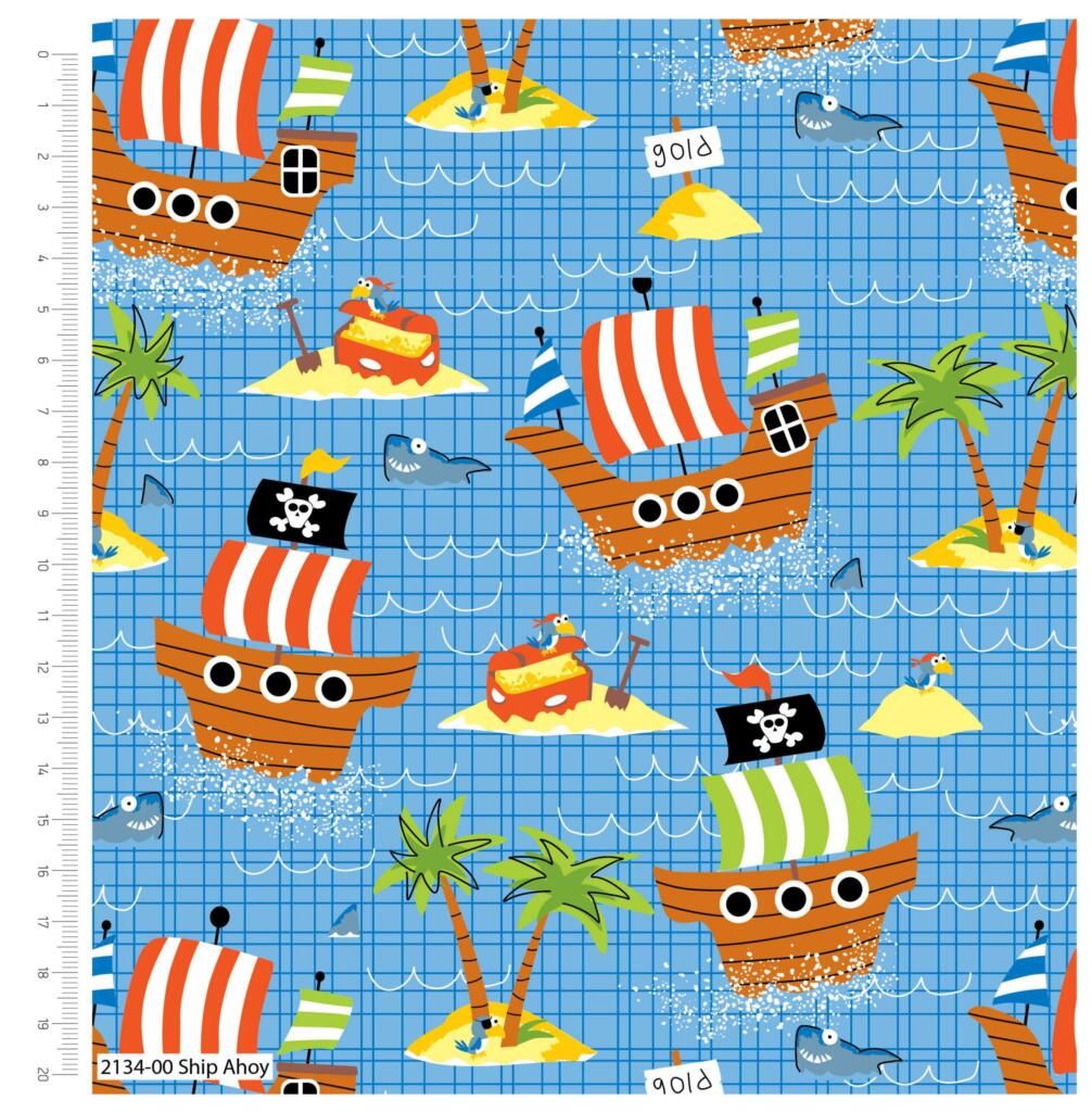 AHOY PIRATES ON AQUA BLUE BY CRAFT COTTON COMPANY, 100% COTTON.