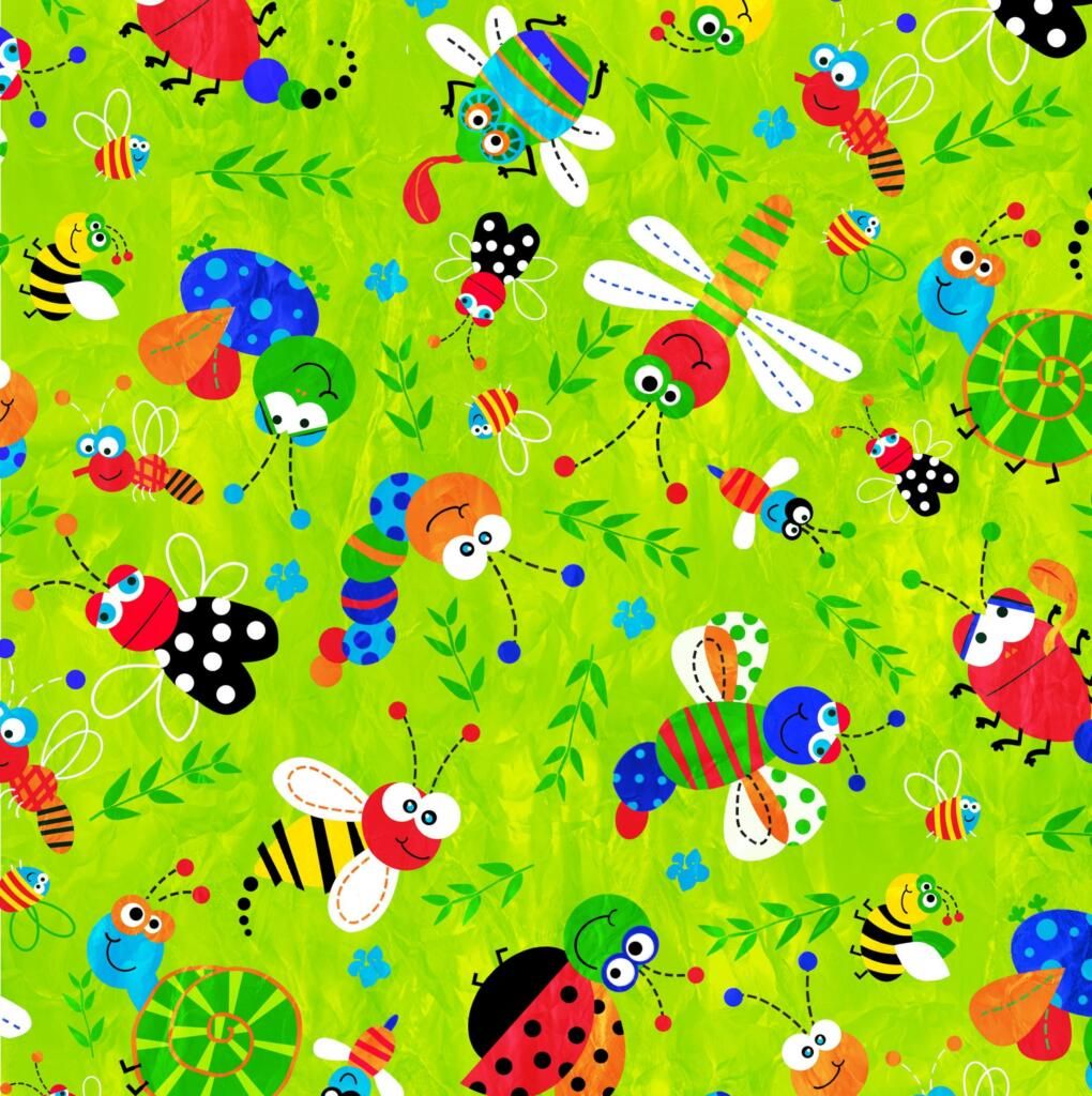 CUTE BUGS ON LIME BY CRAFT COTTON COMPANY, 100% COTTON.