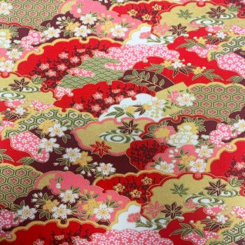JAPANESE METALLIC 100% COTTON, MED WEIGHT. ABSTRACT FLORAL ON RED.