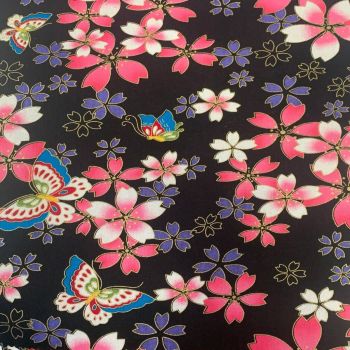 JAPANESE METALLIC 100% COTTON, MED WEIGHT.  FLORAL BUTTERFLY ON BLACK.