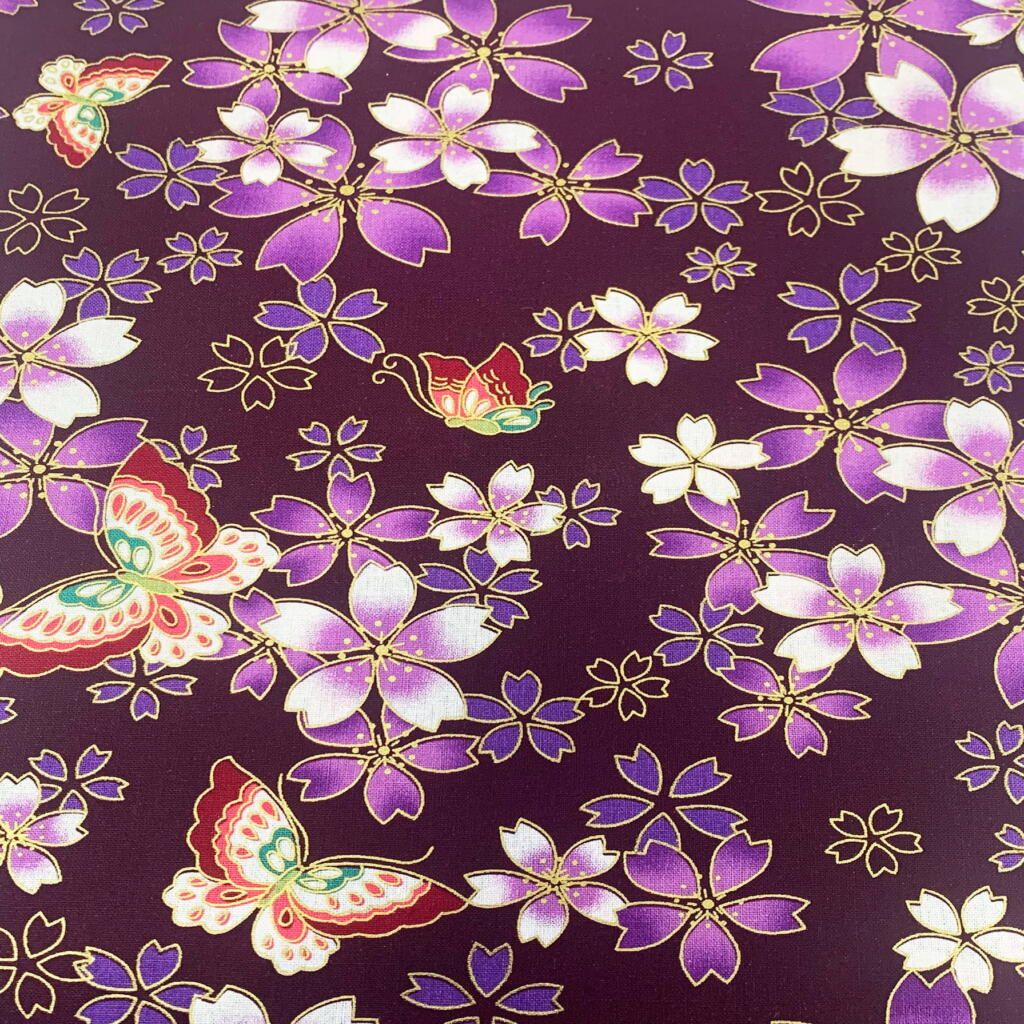 JAPANESE METALLIC 100% COTTON, MED WEIGHT.  FLORAL BUTTERFLY ON PURPLE.