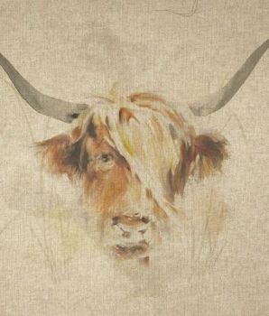 18" X 18" LINEN COTTON PRINTED PANEL, HIGHLAND COW.