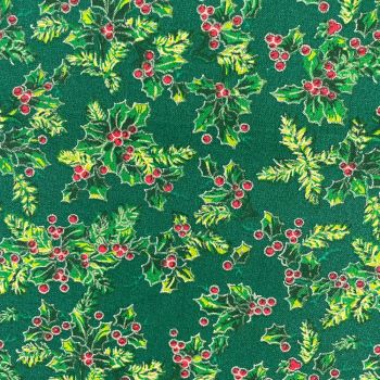 HOLLY ON GREEN, 140 CMS WIDE, 100% COTTON. MED WEIGHT.