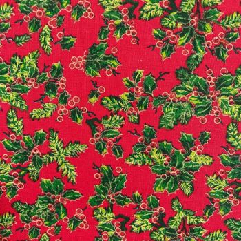 HOLLY ON RED, 140 CMS WIDE, 100% COTTON. MED WEIGHT.