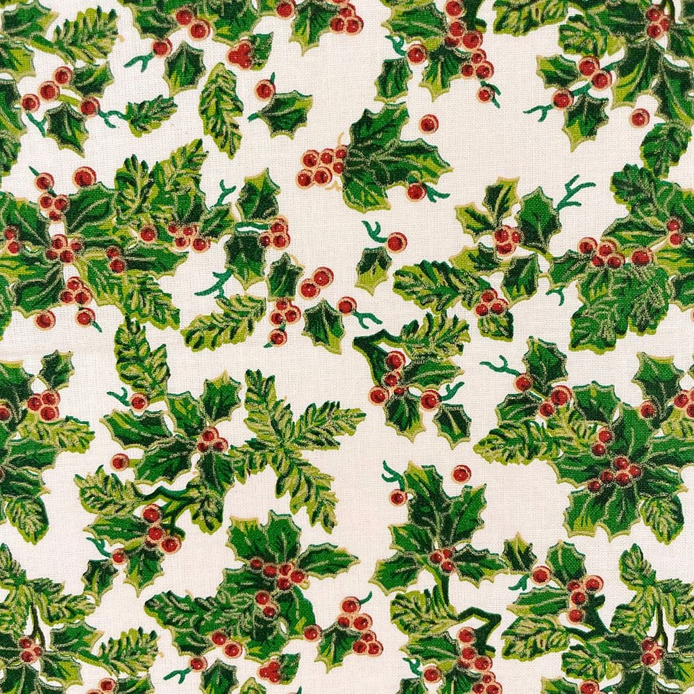 HOLLY ON CREAM, 140 CMS WIDE, 100% COTTON. MED WEIGHT.