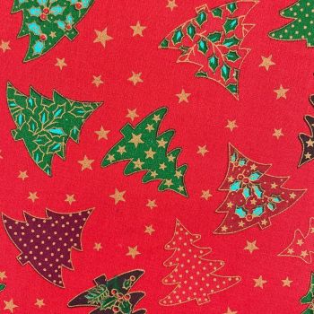 CHRISTMAS TREES ON RED, 140 CMS WIDE, 100% COTTON. MED WEIGHT.