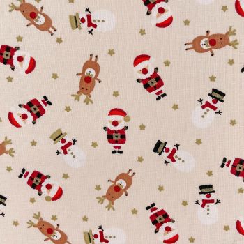 CHRISTMAS CHARACTERS ON CREAM, 140 CMS WIDE, 100% COTTON. MED WEIGHT.