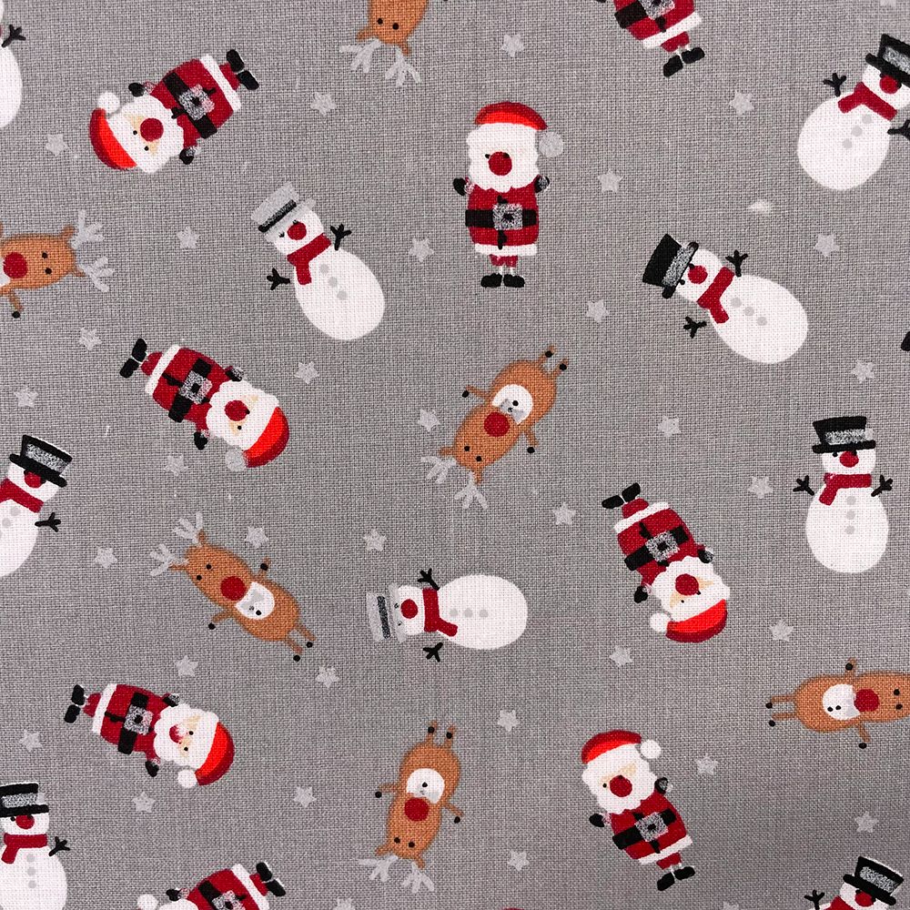 CHRISTMAS CHARACTERS ON GREY, 140 CMS WIDE, 100% COTTON. MED WEIGHT.