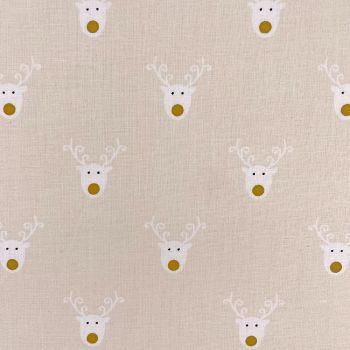 CHRISTMAS REINDEER ON CREAM, 140 CMS WIDE, 100% COTTON. MED WEIGHT.
