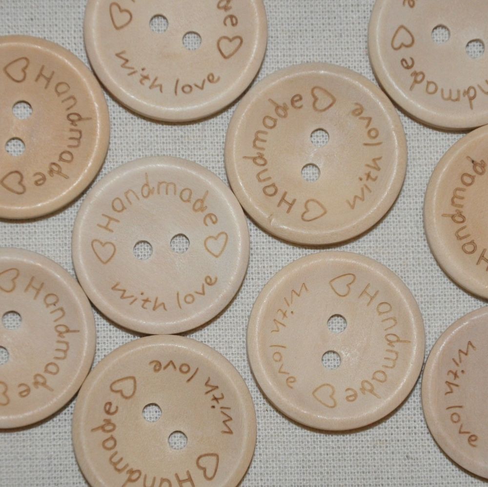 PACK OF 10 WOODEN 'HANDMADE WITH LOVE' BUTTONS, 25MM  - 2 HOLE.