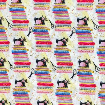 100% COTTON, 140 CMS WIDE. 'SEWING' RANGE, 4 DESIGNS TO CHOOSE FROM. DESIGN 3.
