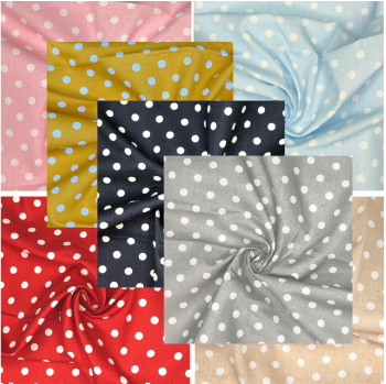 100% COTTON, 140 CMS WIDE, 150GSM. 'POLKA DOT RANGE' 7 COLOURS AVAILABLE.