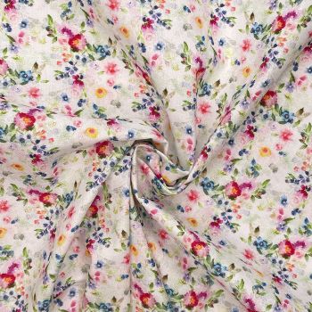100% COTTON, 140 CMS WIDE, 150GSM. VINTAGE FLORAL, SMALL ROSES WHITE.