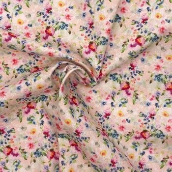 100% COTTON, 140 CMS WIDE, 150GSM. VINTAGE FLORAL, SMALL ROSES CANDY PINK.