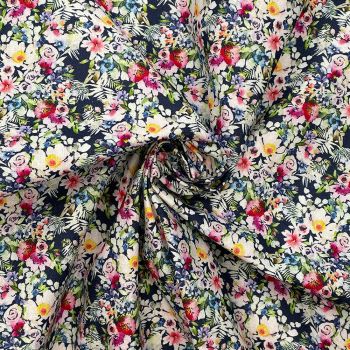 100% COTTON, 140 CMS WIDE, 150GSM. VINTAGE FLORAL, SMALL ROSES NAVY.