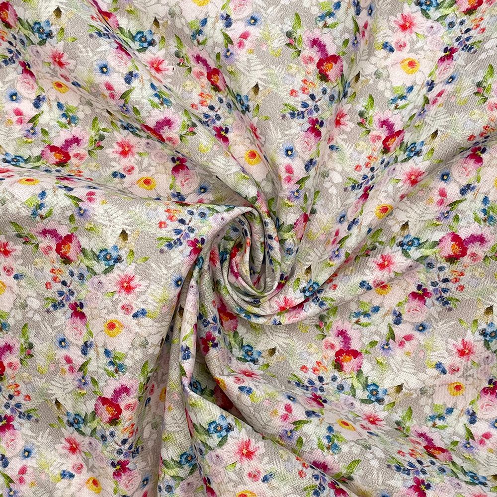 100% COTTON, 140 CMS WIDE, 150GSM. VINTAGE FLORAL, SMALL ROSES SILVER.