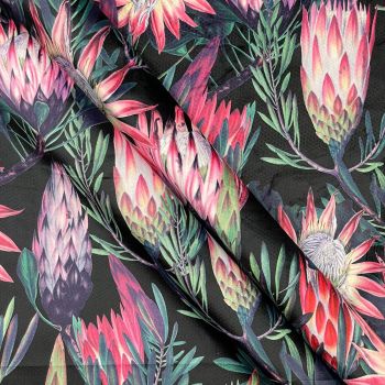 VELVET FURNISHING OR CURTAIN FABRIC 148 CMS WIDE, 290GSM. PROTEA FLOWERS BLACK.