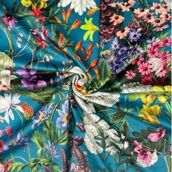 VELVET FURNISHING OR CURTAIN FABRIC 148 CMS WIDE, 290GSM. SUMMER FLORAL TURQ'.