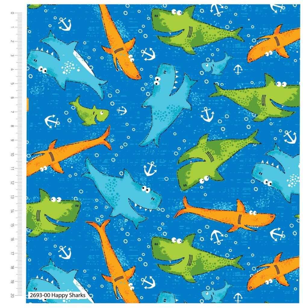 HAPPY SHARKS BY CRAFT COTTON COMPANY, 100% COTTON. 