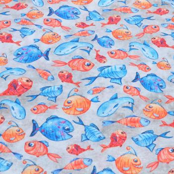 100% COTTON PANAMA WITH TEFLON COATING,  HEAVY WEIGHT 270GSM- 54 INCH WIDE. CARTOON FISH.