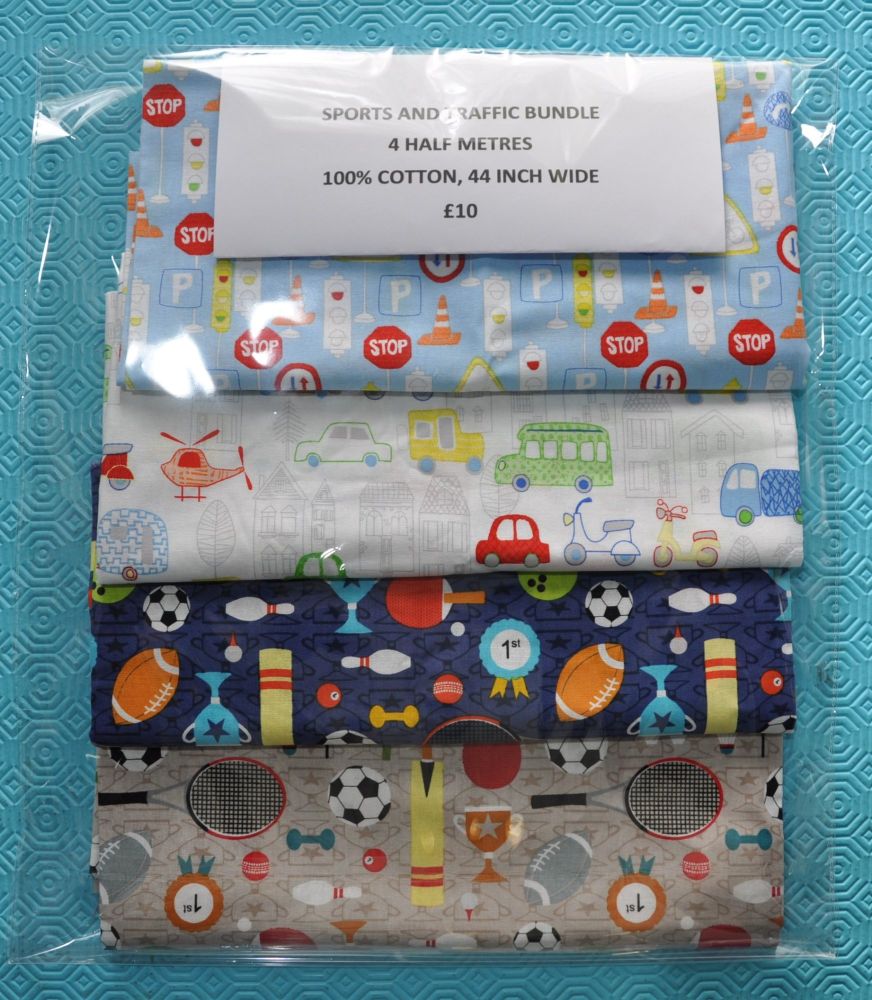 4 HALF METRE PACK CO-ORD, 100% COTTON, 44 INCH WIDE. SPORTS AND TRAFFIC.
