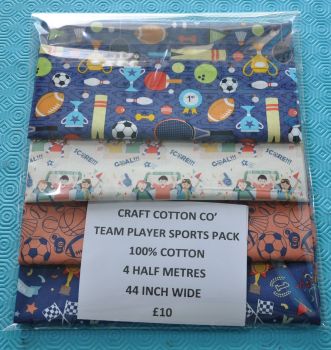 4 HALF METRE PACK CO-ORD, 100% COTTON, 44 INCH WIDE. TEAM PLAYER.
