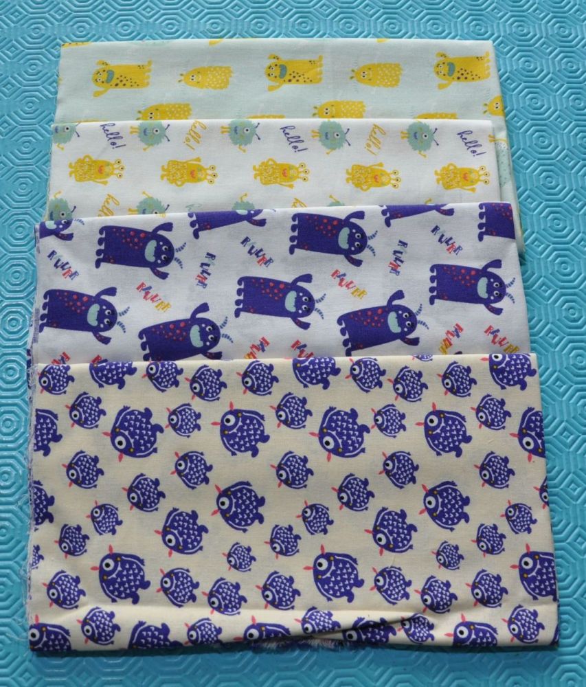 4 HALF METRE PACK CO-ORD, 100% COTTON, 44 INCH WIDE. FRIENDLY MONSTERS.
