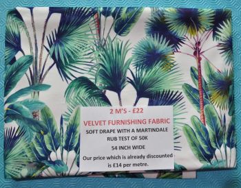 2 M'S OF CRAFTY VELVET, 54 INCH WIDE, ROLL END. TROPICAL PALM ON WHITE.