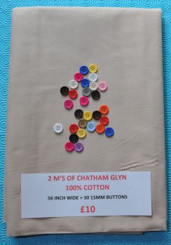 2 METRE PACK, 100% COTTON, 56 INCH WIDE. CHATHAM GLYN NATURAL + 30 X 15MM BUTTONS.