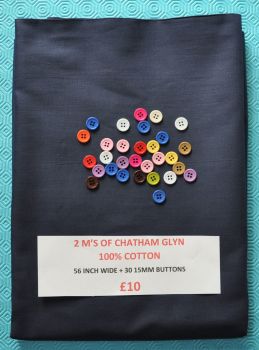 2 METRE PACK, 100% COTTON, 56 INCH WIDE. CHATHAM GLYN DARK NAVY + 30 X 15MM BUTTONS.
