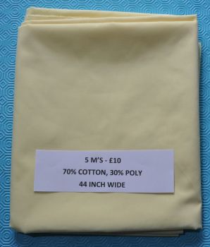 5 METRE PACK, 70% COTTON - 30% POLY, 44 INCH WIDE. PALE YELLOW.