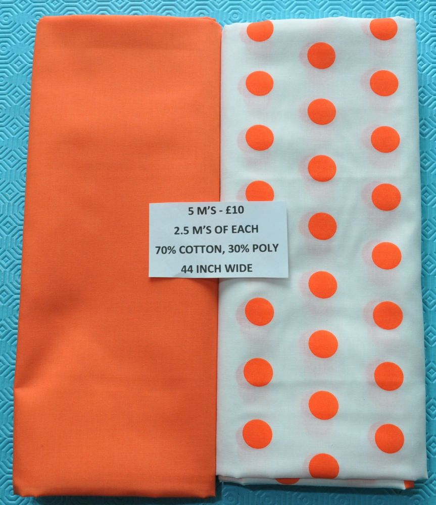 5 METRE PACK - 2.5 M'S OF EACH, 70% COTTON - 30% POLY, 44 INCH WIDE. ORANGE