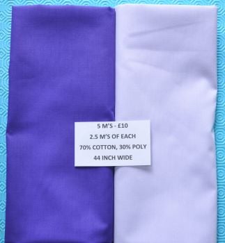 5 METRE PACK - 2.5 M'S OF EACH, 70% COTTON - 30% POLY, 44 INCH WIDE. PURPLE/LILAC.