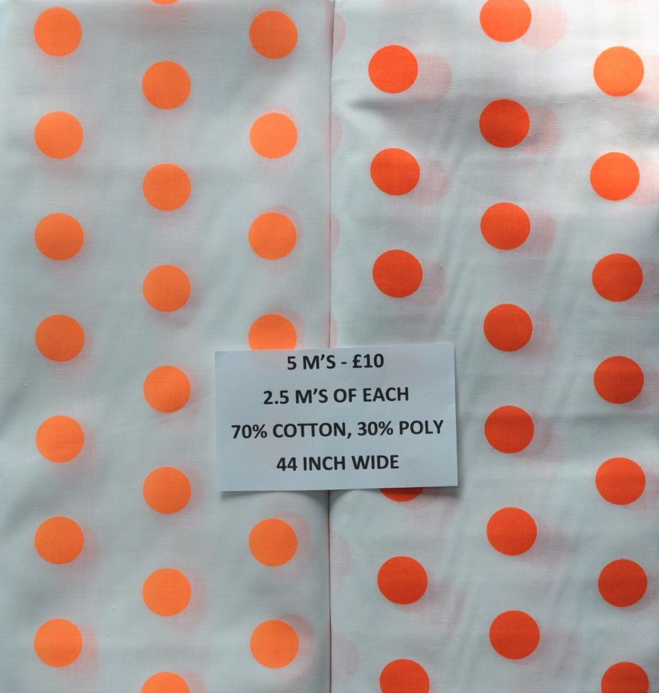 5 METRE PACK - 2.5 M'S OF EACH, 70% COTTON - 30% POLY, 44 INCH WIDE. ORANGE