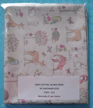 2 METRE PACK, 100% COTTON, 56 INCH WIDE. CHATHAM GLYN, WOODLAND ANIMALS CREAM.